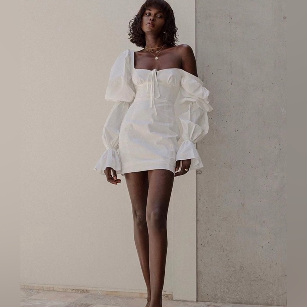 House of CB White Ruched Bodycon Dress with Bishop Sleeves ‘Elsie Dress’